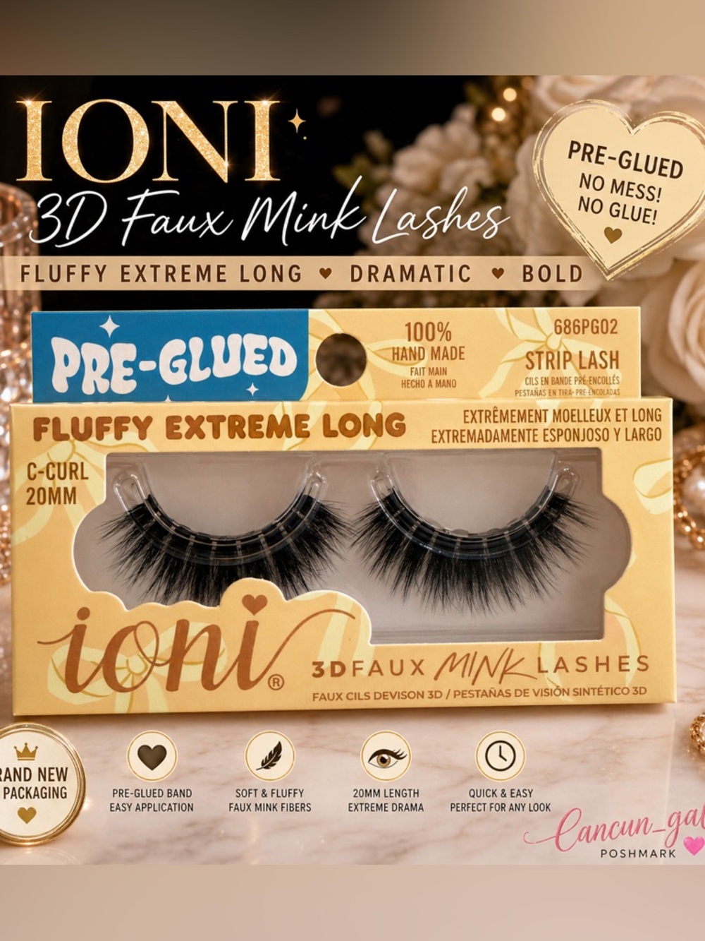 IONI 3D Faux Mink Lashes Fluffy Extreme Long 20mm Dramatic Pre-Glued NEW